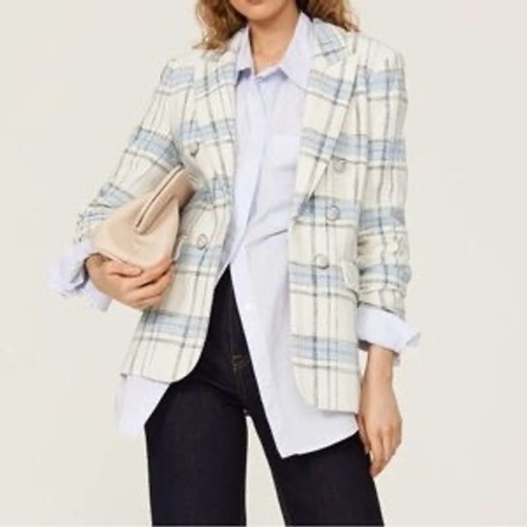 Veronica Beard Beacon Dickey Jacket White Blue Plaid Tweed Blazer Sz 4 - Picture 3 of 10
